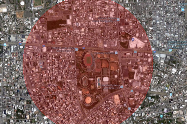 Aerial of a red radius depicting where a counter-drone system will secure.
