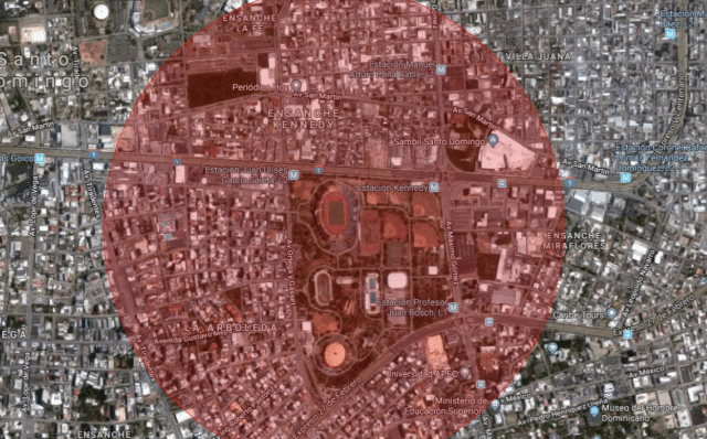 Aerial of a red radius depicting where a counter-drone system will secure.