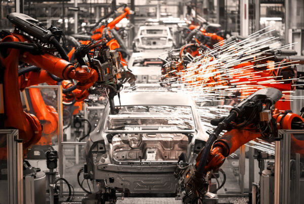 Robotic machines work to build car equipment.
