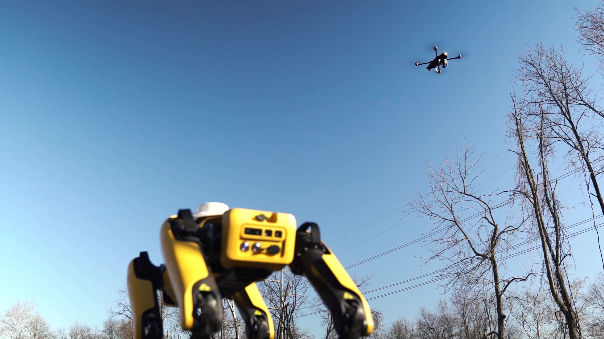 Security drone flies above a DroneDog.