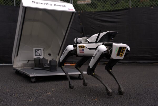 DroneDog standing in front of its DogHouse, showcasing a part of what makes up Asylon’s RaaS security model.