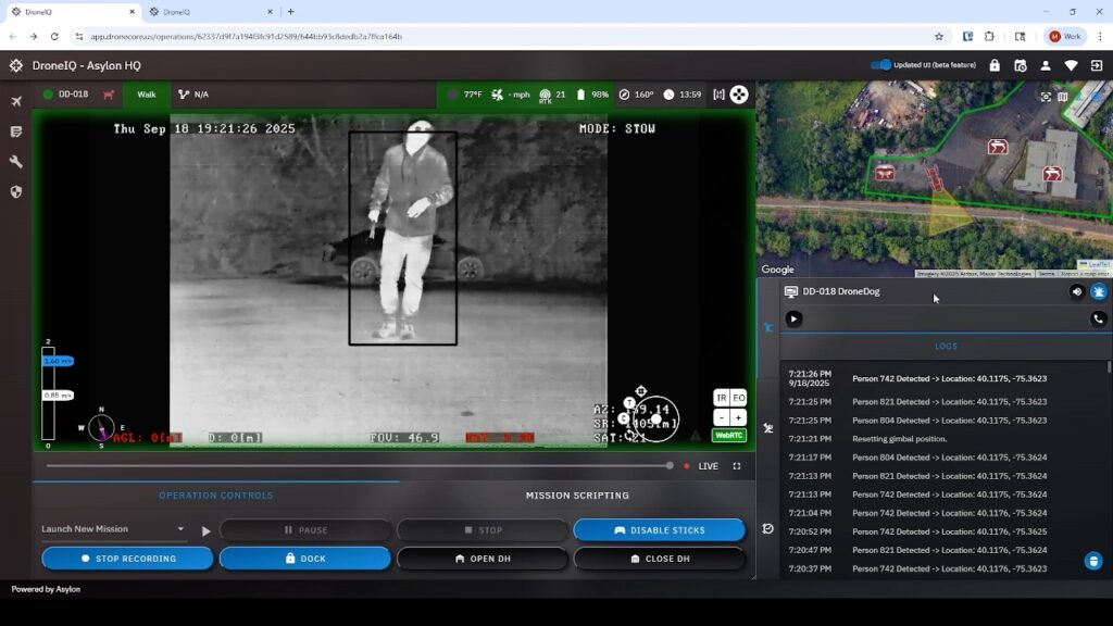 DroneDog's thermal heat view at night spotting an intruder