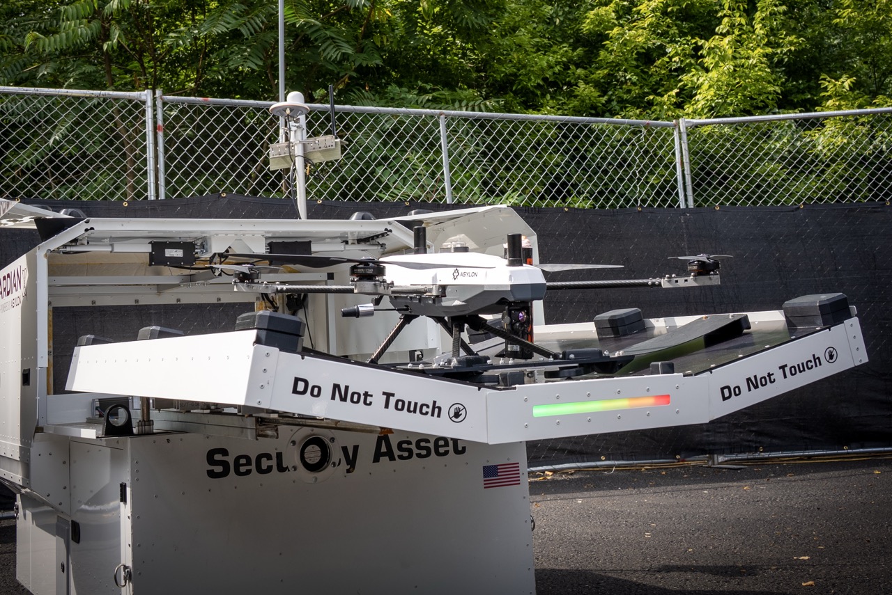 Asylon Guardian aerial security drone takes flight to begin surveillance patrol of corporate site perimeter.