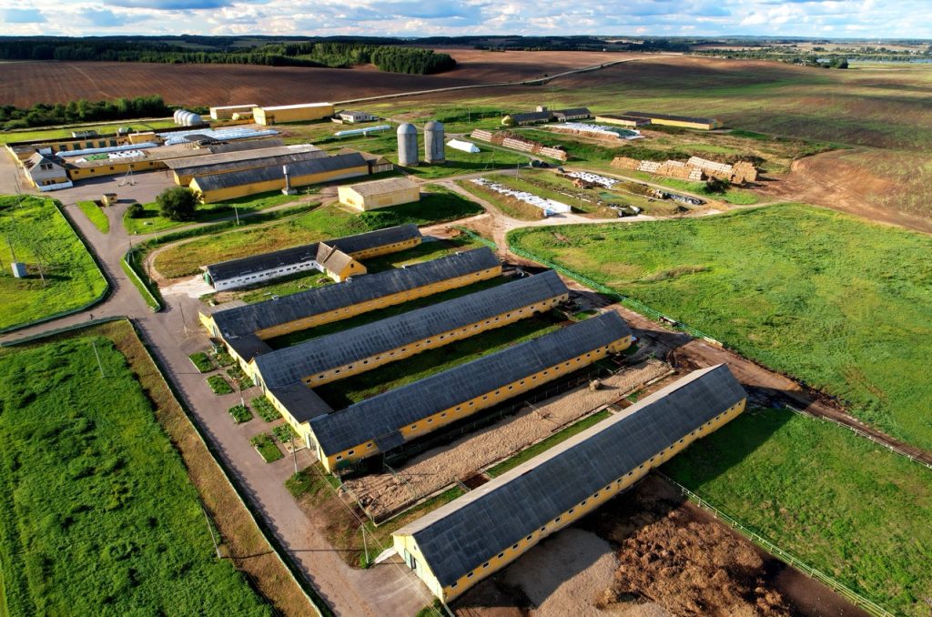 Commercial agricultural site includes long livestock buildings, support buildings, two vertical silos, and bulk storage structures.