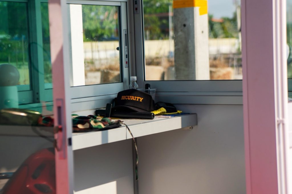 Security checkpoint workstation used for access control and perimeter security monitoring at a distribution center.