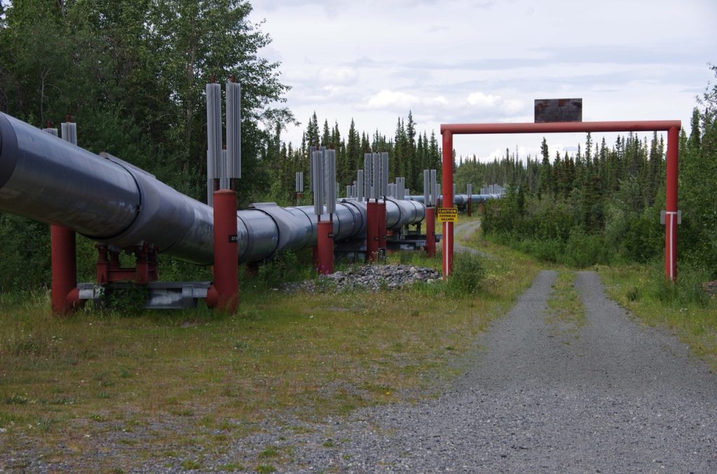 Oil pipeline with access point in a remote, wooded area.