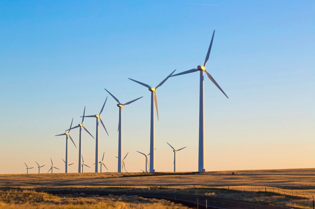Utility-scale wind farm with turbines spanning a large rural landscape. 