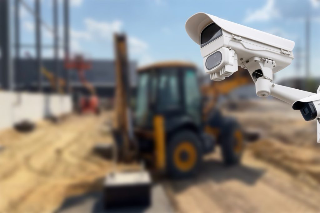 Security camera monitoring a construction site with heavy equipment and building framework in the background.