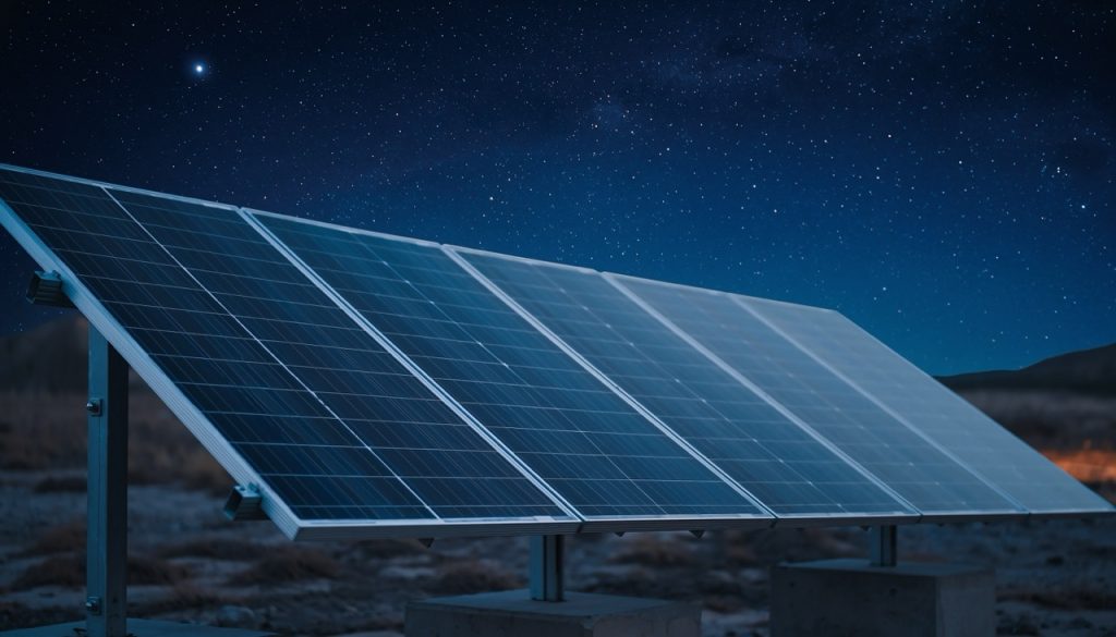 Utility-scale solar farm operating overnight with no visible personnel. 
